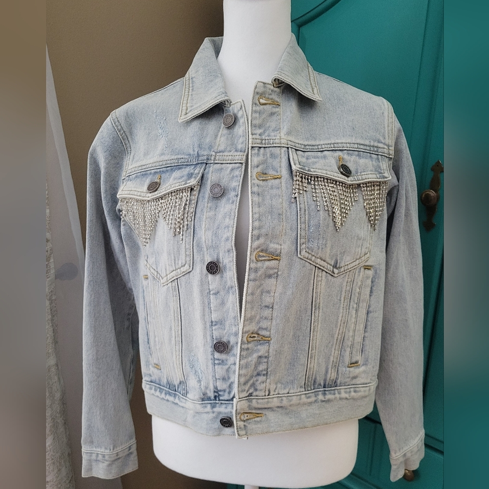 Light Blue Denim Jacket with Rhinestone Fringe